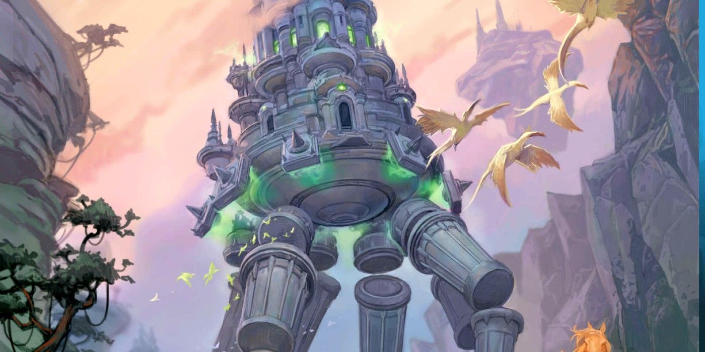 Planescape&rsquo;s Walking Castle with flying creatures passing by it. A sky island is seen floating in the background.