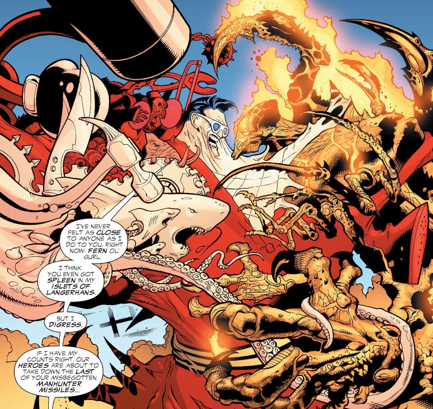 JLA: Trial by Fire, Plastic Man&rsquo;s giant Kaiju squid form fights evil Martian Manhunter