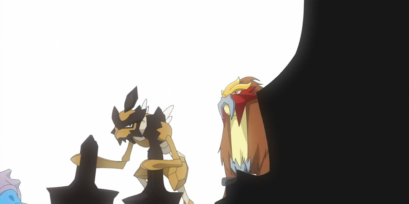 Pokemon Horizons: Lucius’s Kleavor and Entei.