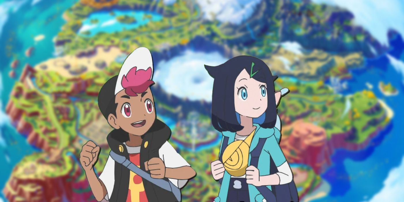 Pokemon Horizons' Liko and Roy in front of a map.