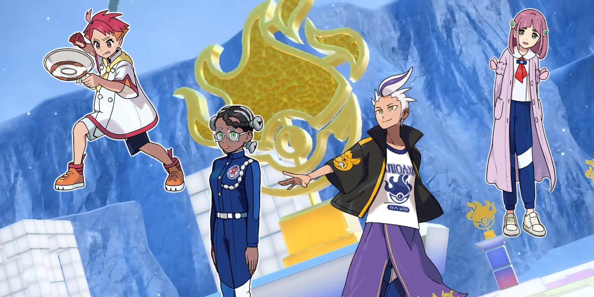 A battle court in Pokémon Scarlet and Violet’s The Indigo Disk DLC, with art of the BB League’s Elite Four.