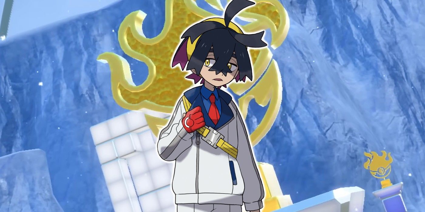 Key art of Kieran from Pokémon Scarlet and Violet in front of a Blueberry League emblem statue.