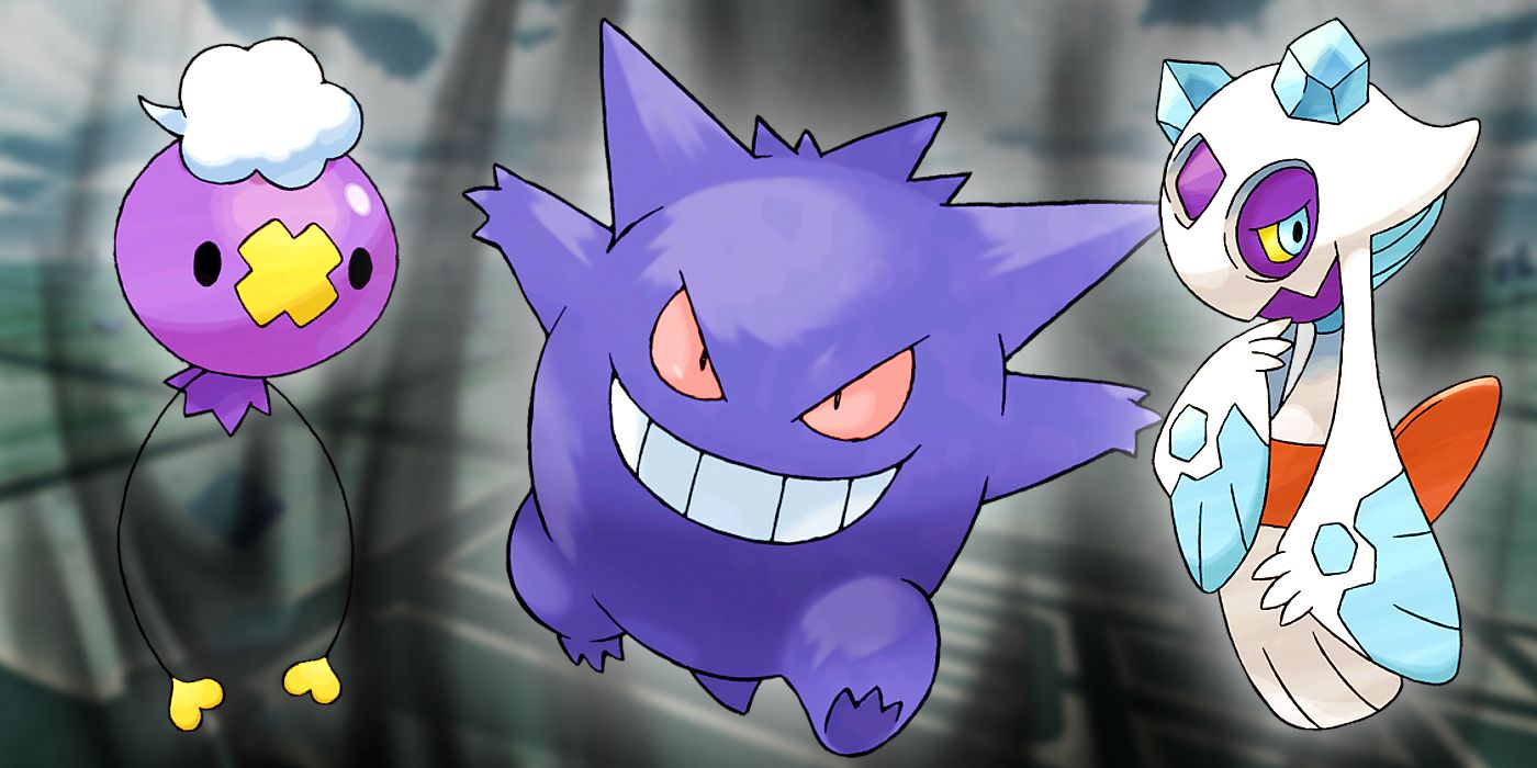 Drifloon, Gengar, and Froslass from Pokémon, superimposed over a dark background.