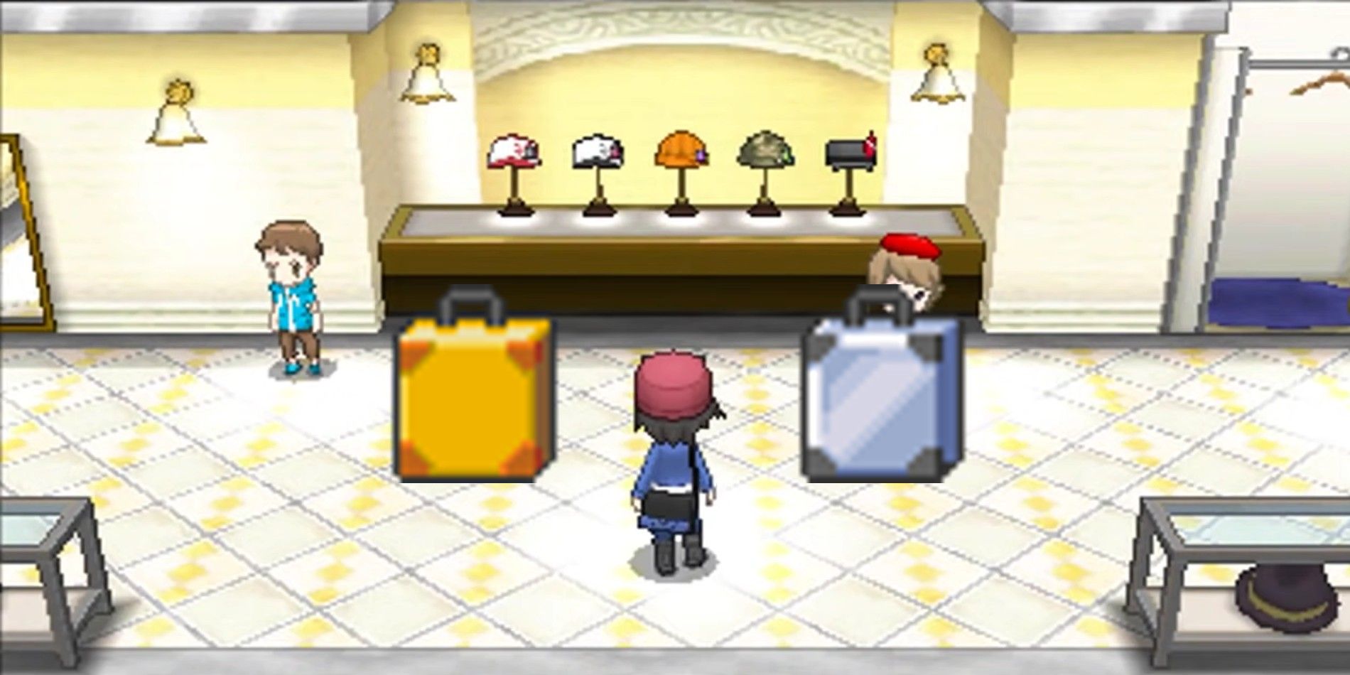 A player character in a Boutique in Pokémon X and Y with the &lsquo;Travel Trunk&rsquo; item sprites.