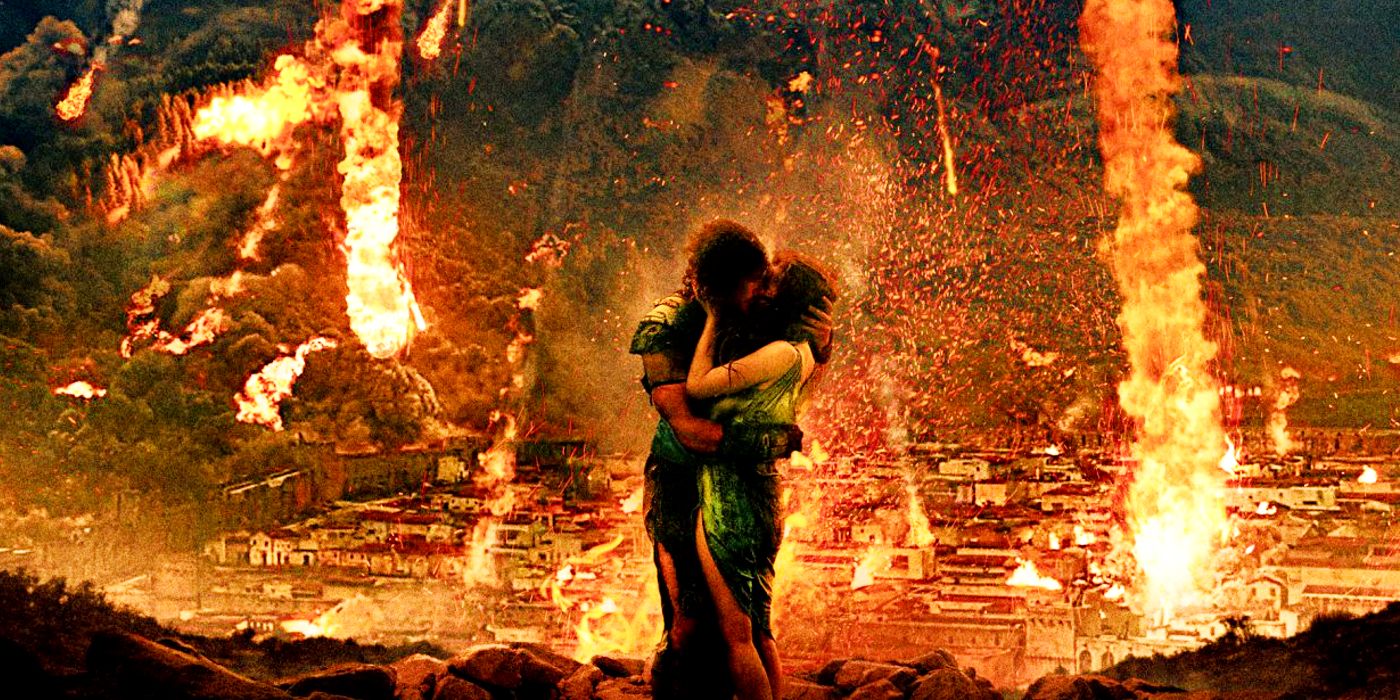 A couple kisses in front of Pompeii as fireballs come down around them.
