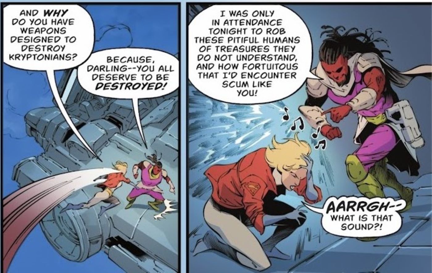 Power Girl and Amalak are battling and he is winning since he has anti-kryptonian weapons