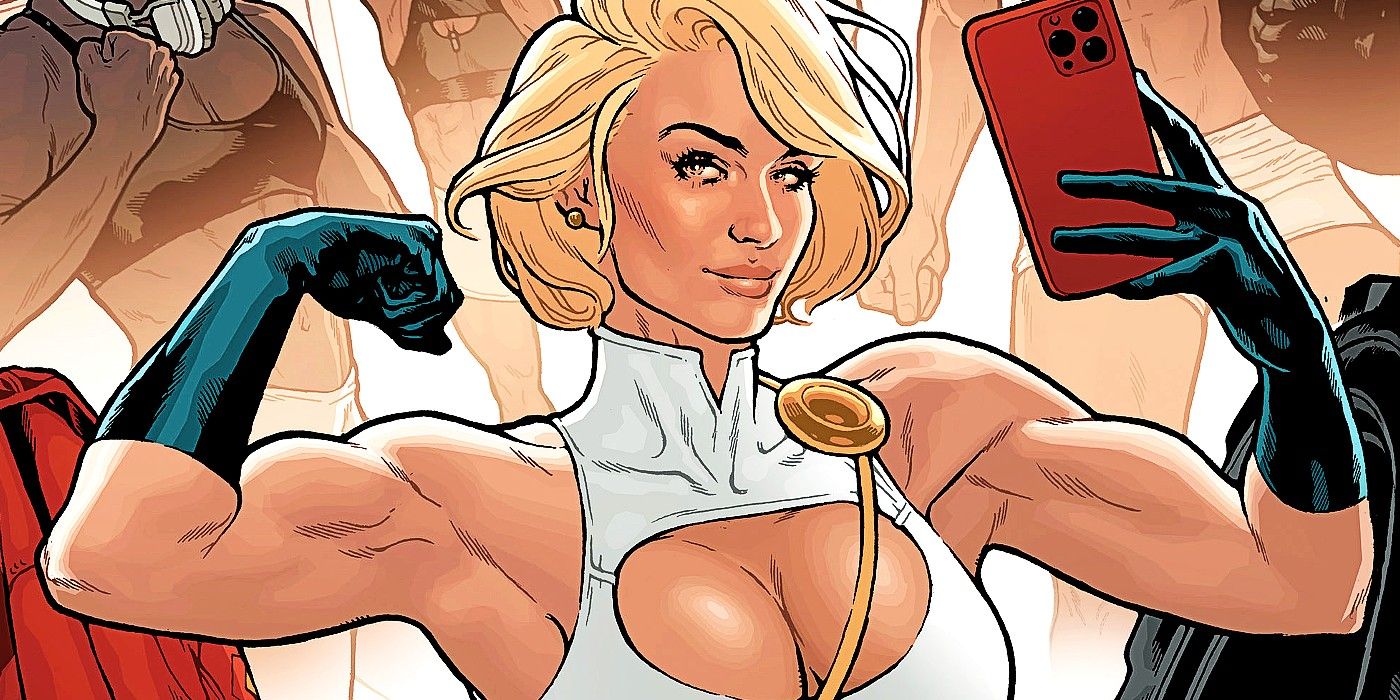 Power Girl flexing in a mirror, taking a gym selfie, with people in work-out gear in the background.