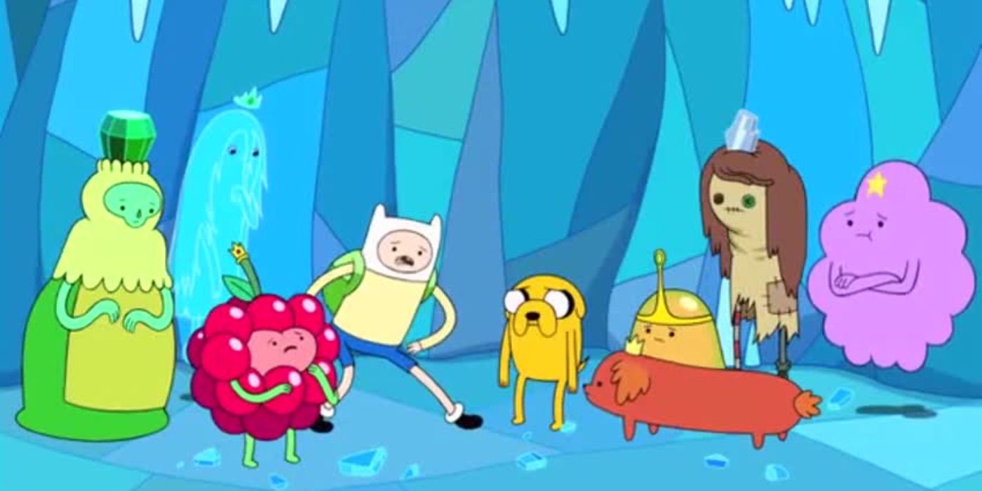 Finn and Jake with some princesses in Adventure Time.