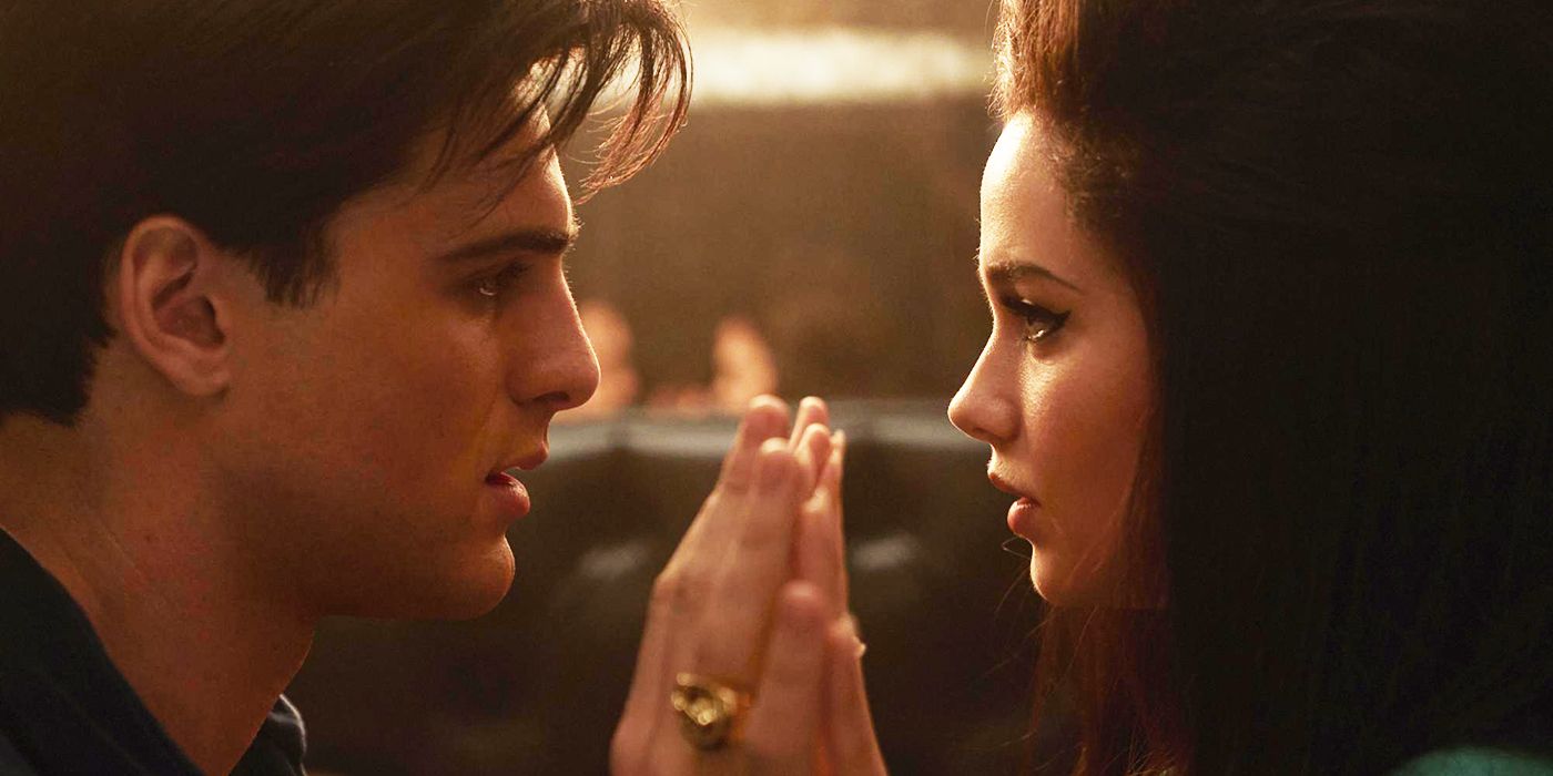 Jacob Elordi as Elvis Presley and Cailee Spaeny as Priscilla Presley holding their hands together in Priscilla