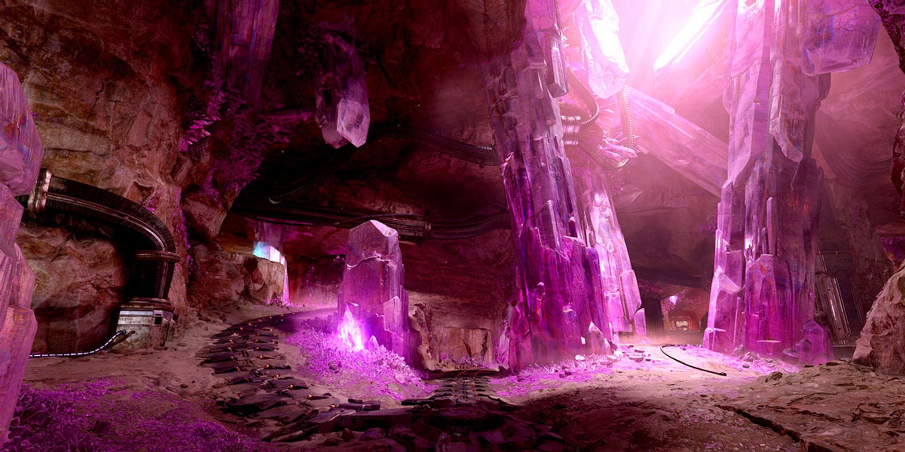 Prism map in Halo Infinite with purple crystalline structures.