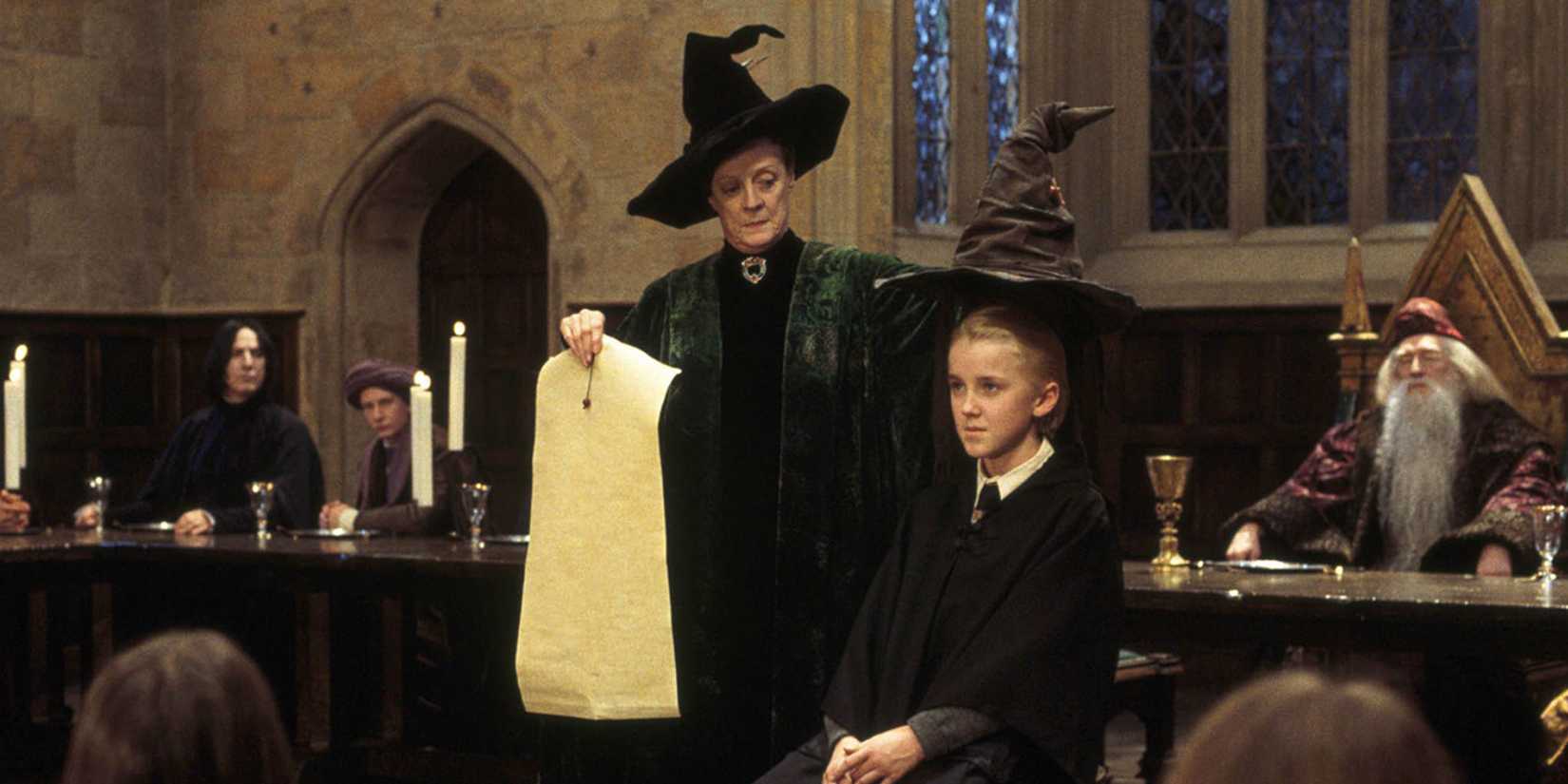 Professor McGonagall putting the sorting hat on Draco Malfoy in Harry Potter