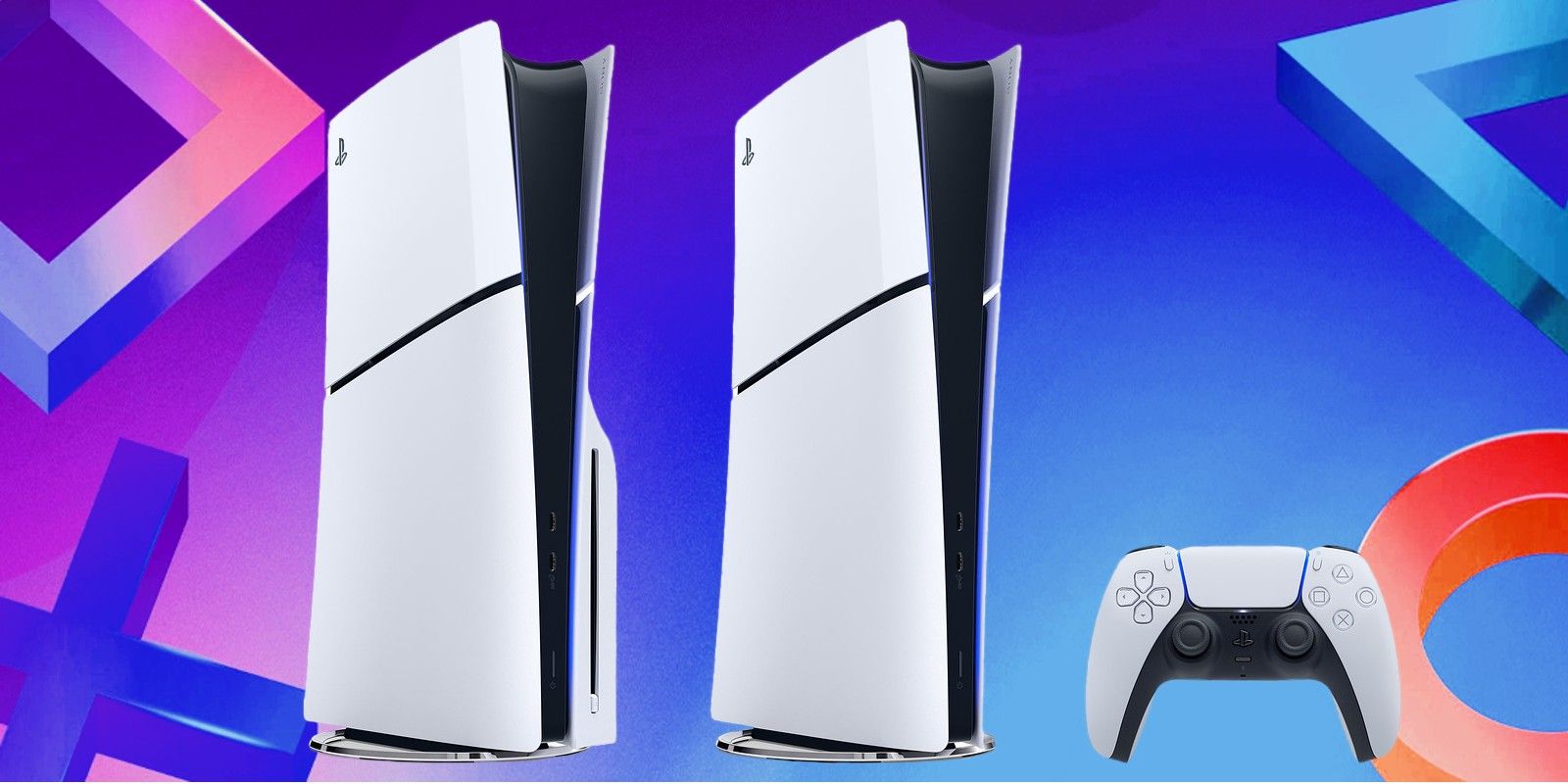 Two new PS5's, one with the disc drive and one without, standing vertically next to a DualSense controller. The background is blue and purple, and includes the cross, square, circle, and triangle symbols of the PlayStation controller.