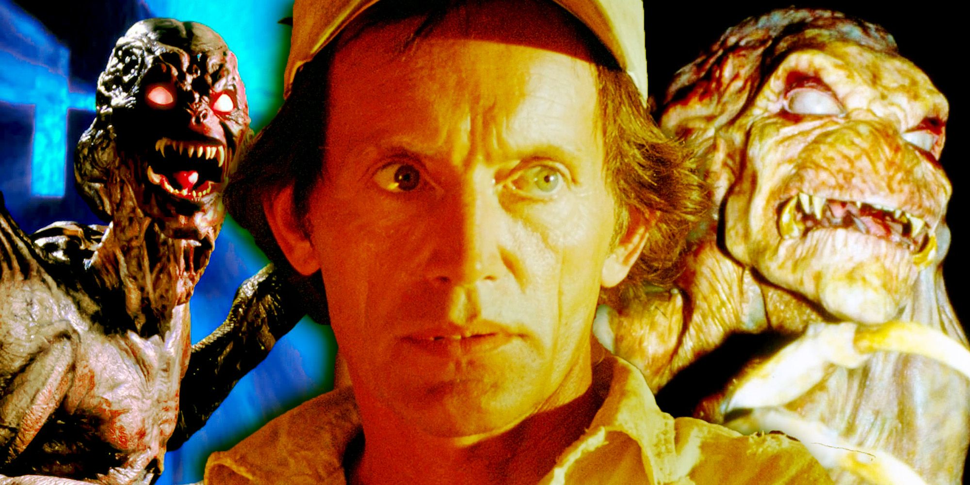 Pumpkinhead movie franchise collage including two images of the title creature and Lance Henriksen in the center.