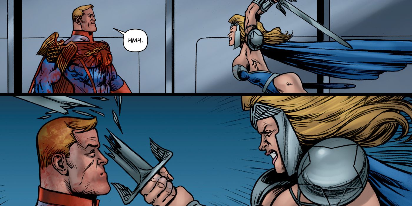 Queen Maeve breaks her sword over Homelander&rsquo;s head.