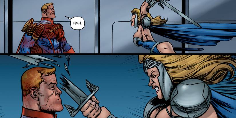 Queen Maeve breaks her sword over Homelander's head.