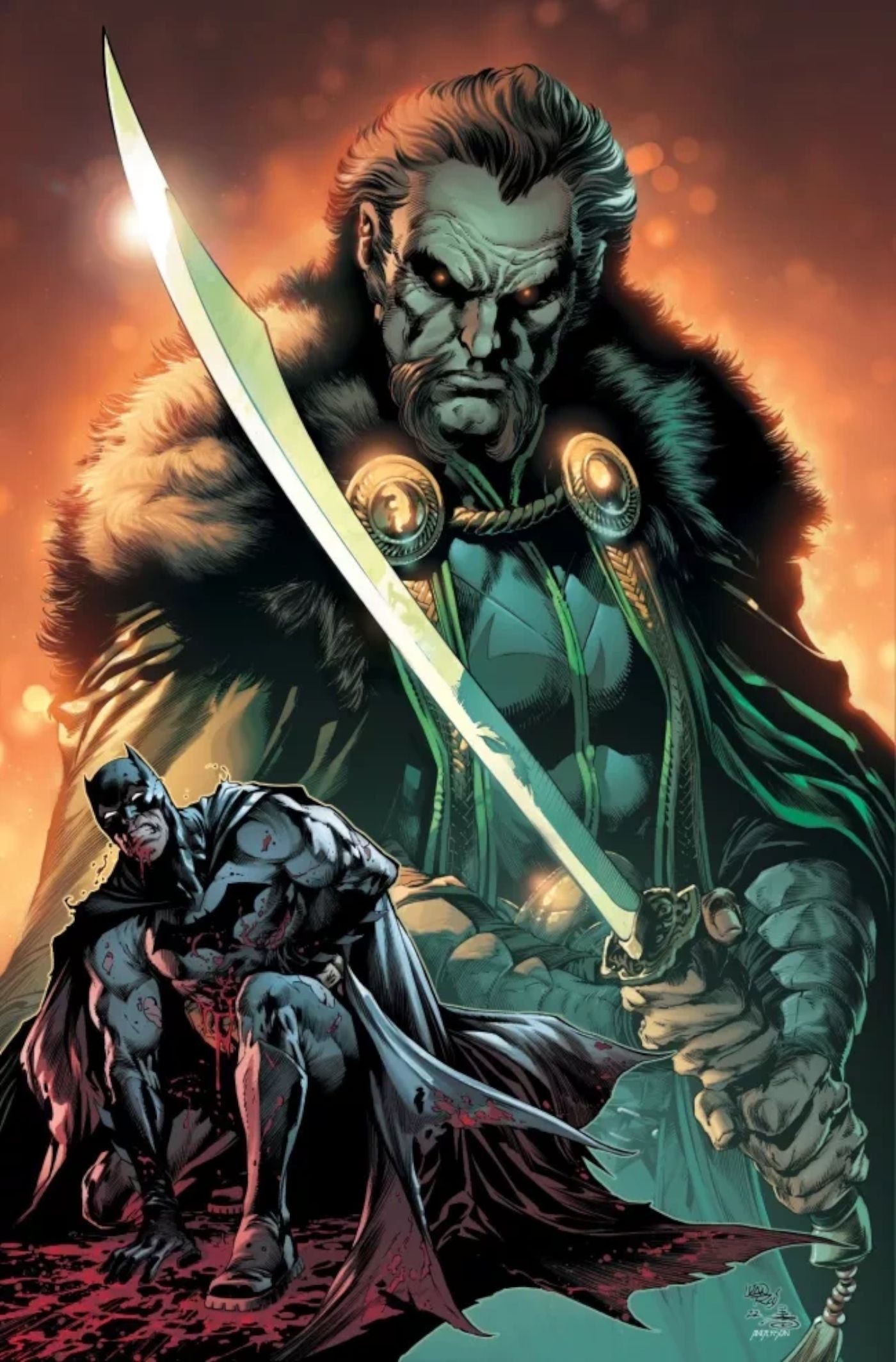 Batman kneeling in foreground, Ra&rsquo;s al Ghul in background holding a sword