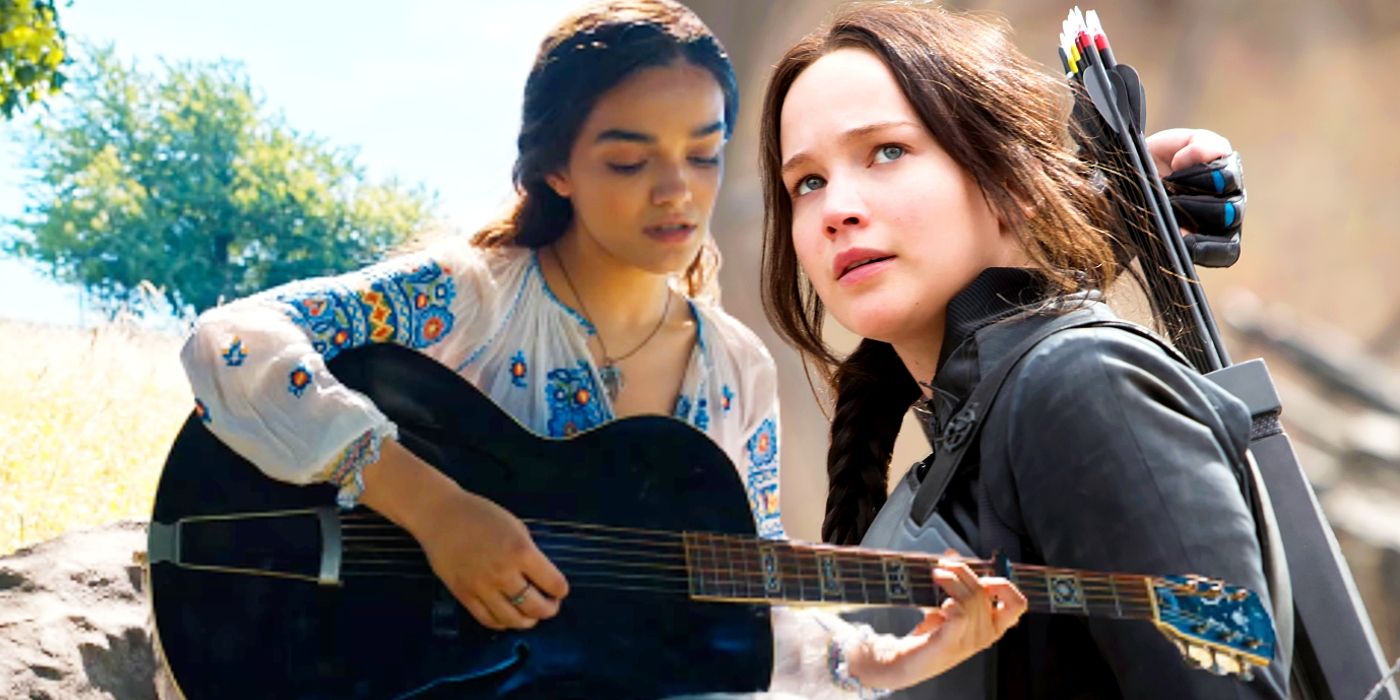 Custom image of Rachel Zegler playing guitar as Lucy in The Ballad of Songbirds and Snakes juxtaposed with Jennifer Lawrence as Katniss.