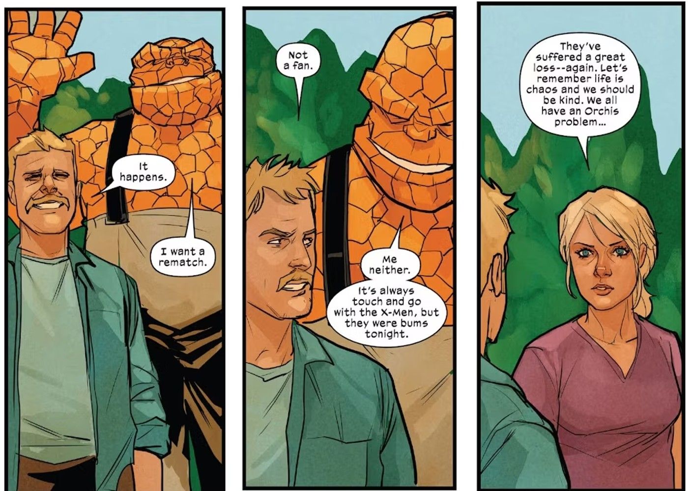 panels from X-Men #27, Johnny Storm and Ben Grimm aren't fans of Rasputin IV; Sue Storm reprimands them