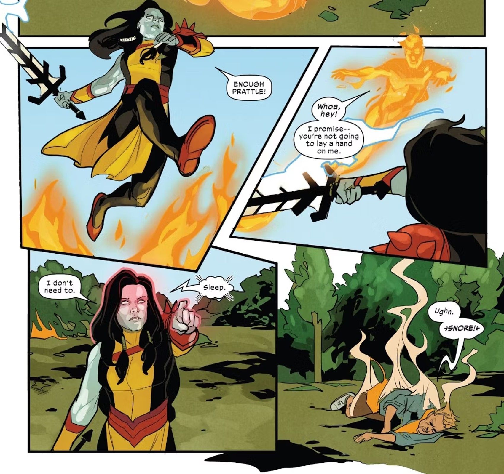 panels from X-Men #27, Rasputin IV doesn't need to lay a hand on the Human Torch to bring him down