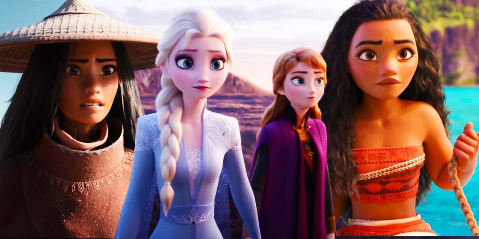 Raya as Raya and the Last Dragon, Elsa and Anna in Disney's Frozen II, and Moana in Moana