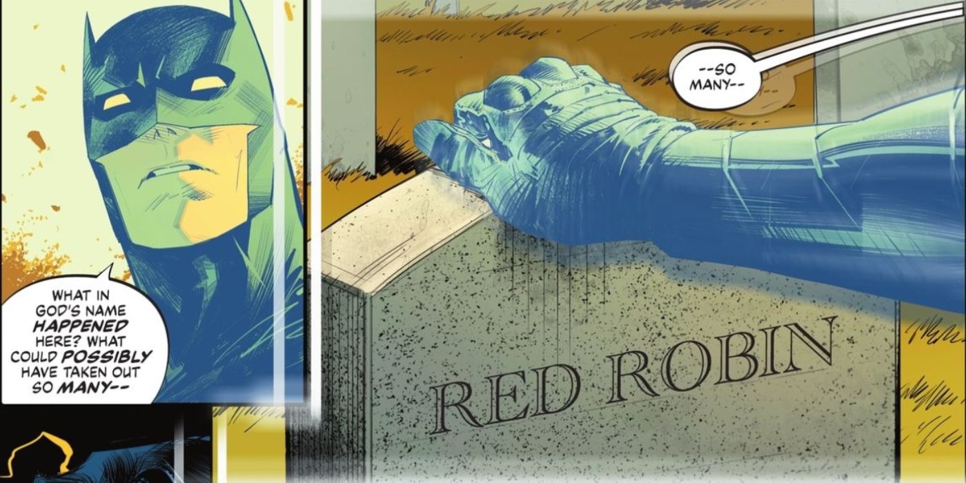 Batman lamenting over Red Robin's tombstone