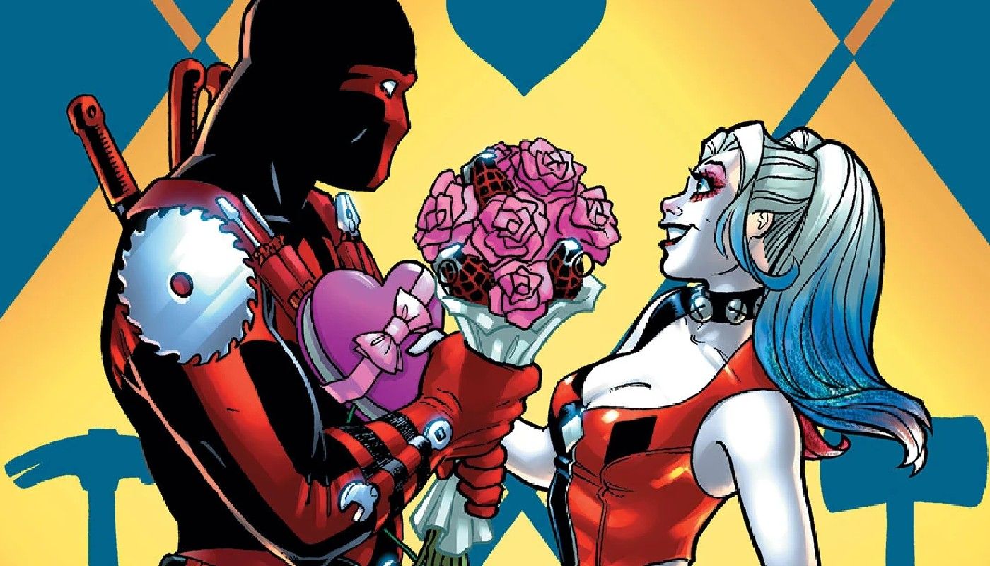 Comic book art: Red Tool hands flowers to Harley Quinn, who holds a box of chocolates.