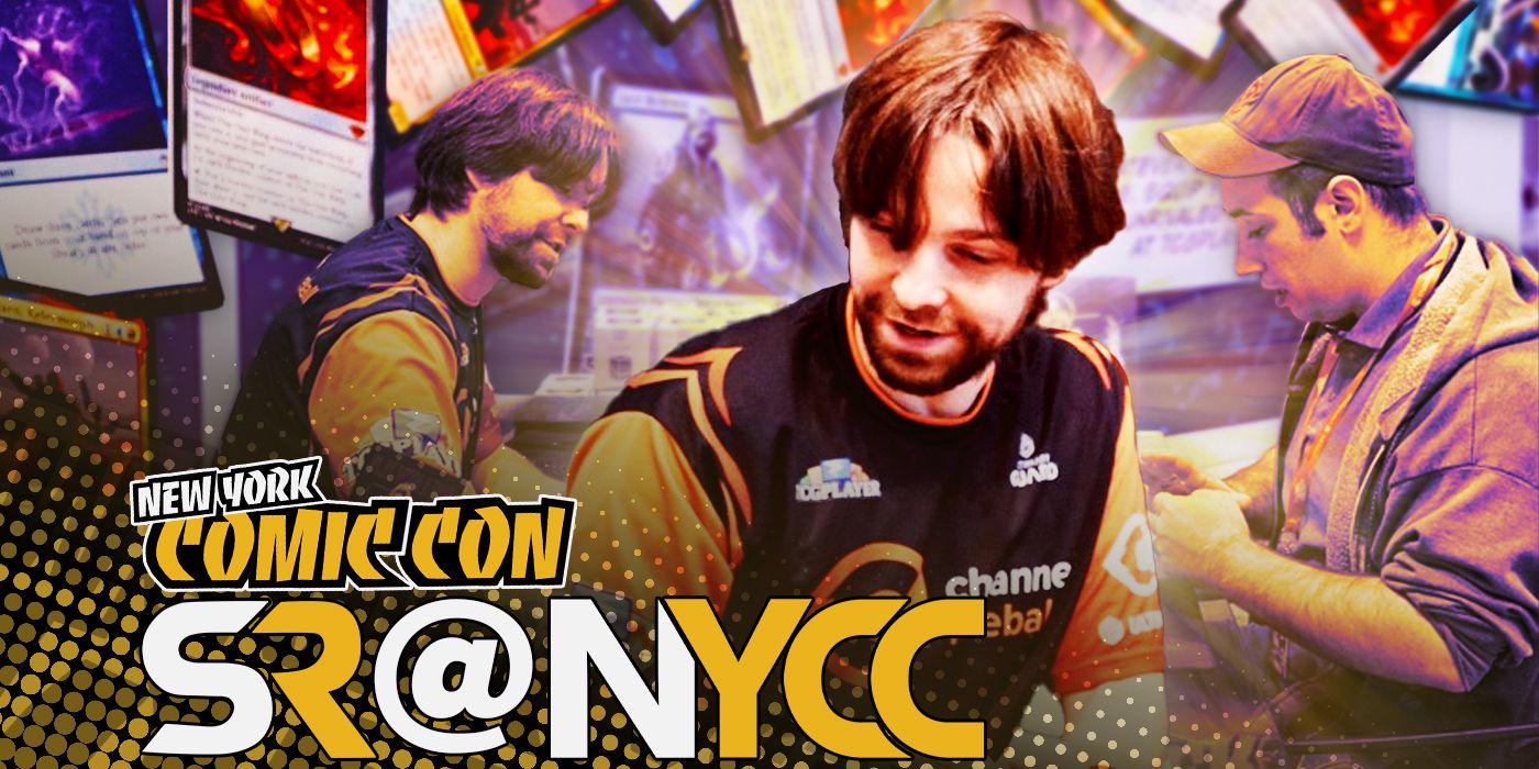Reid Duke playing MTG with cards in the background and the SR at NYCC logo in the corner.