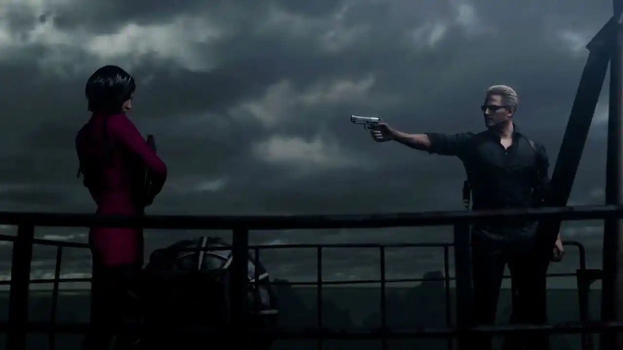 Albert Wesker points a gun at Ada Wong