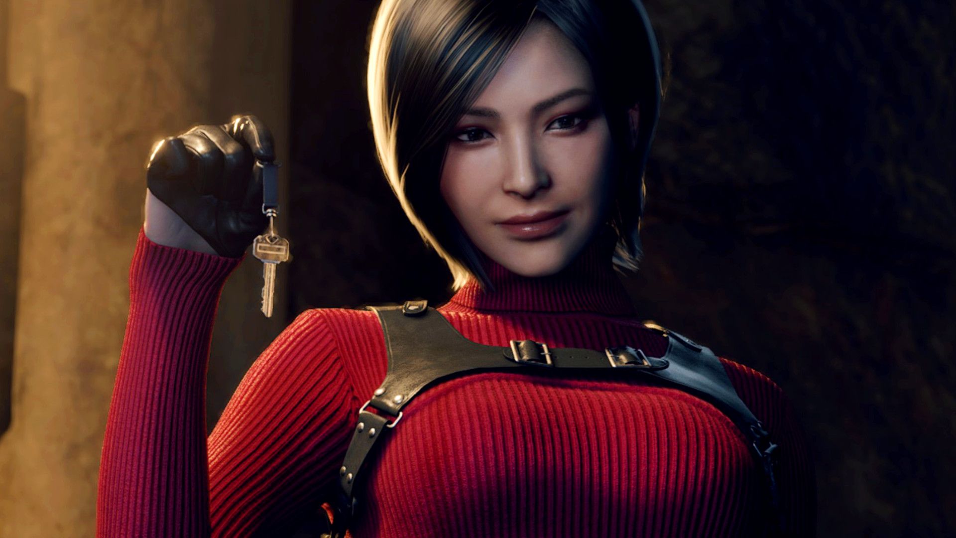 Ada Wong dangles a key in her hand while smirking softly