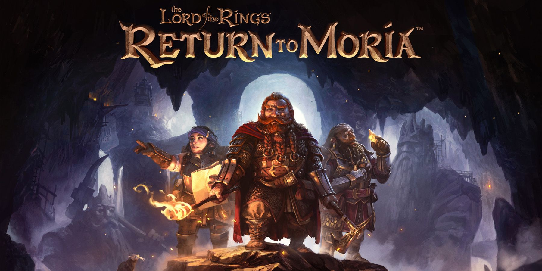 Key art for The Lord of the Rings: Return to Moria showing three Dwarves in a large cavern.