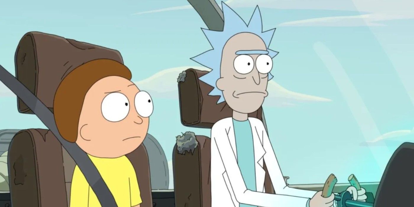 Morty and Rick driving in the ship in Rick and Morty season 7, episode 3