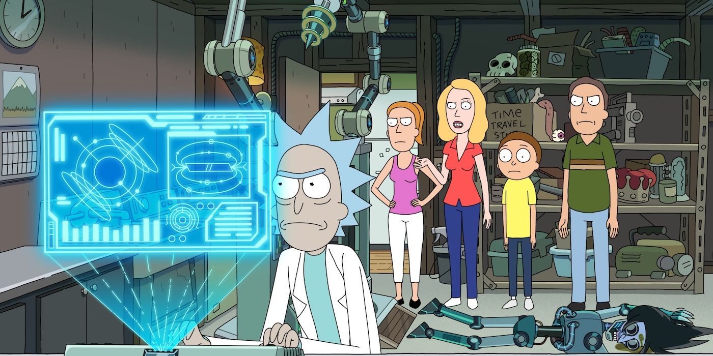 rick and morty - Rick working in his lab while his family watch