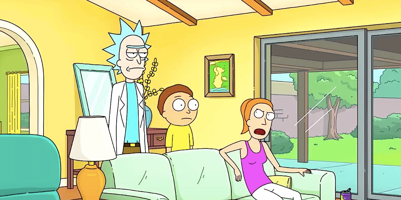 Rick looks annoyed, Morty stares blankly, and Summer yells angrily in the Smith family living room during Rick and Morty's season 7 trailer