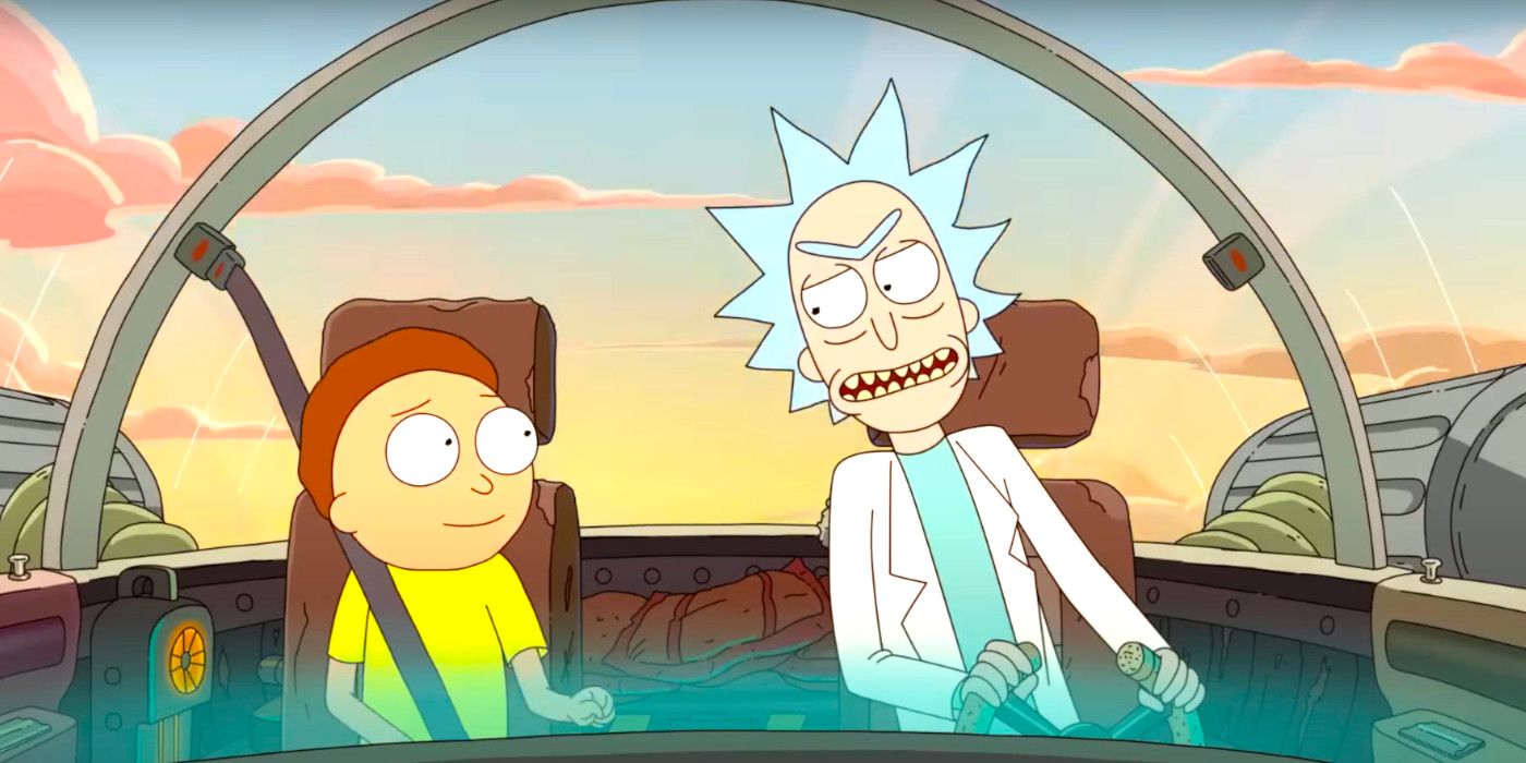 Rick Sanchez and Morty Smith fly in a space ship in Rick and Morty season 7