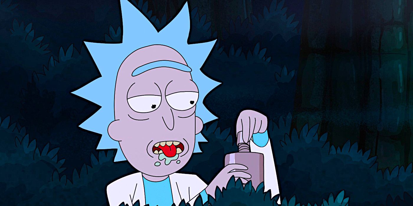 Rick Sanchez screwing the top off a flask in Rick and Morty