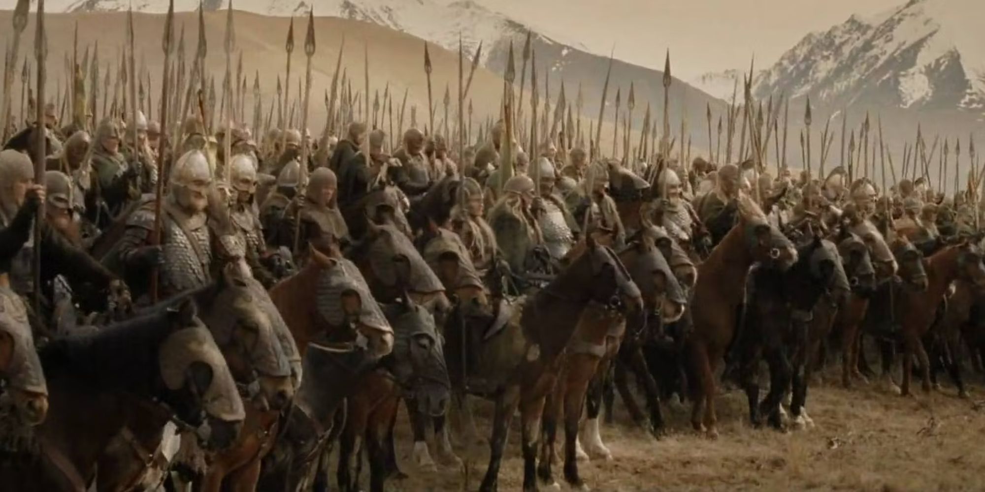 Riders of Rohan assembling in a line with spears in The Lord of the Rings.
