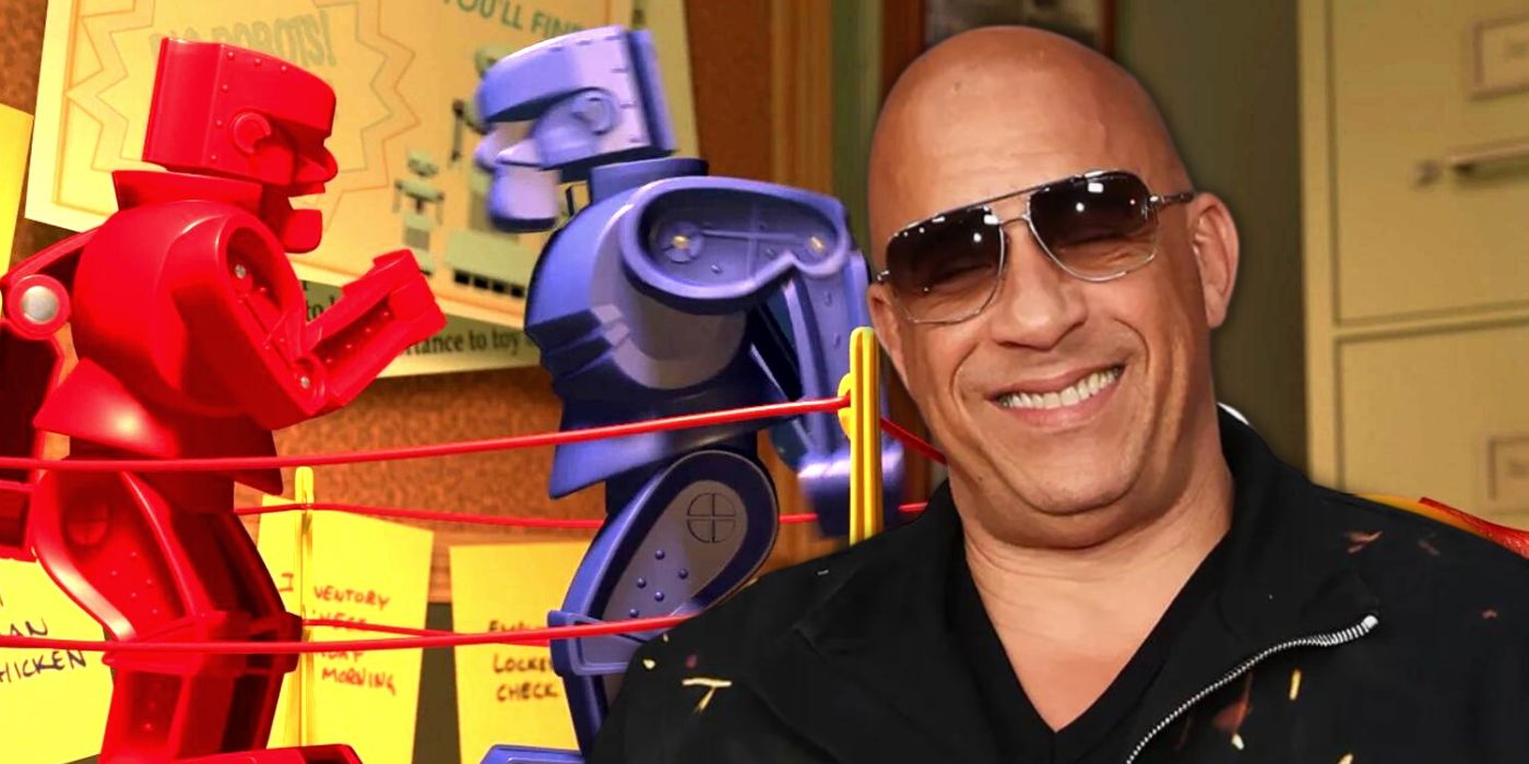 Vin Diesel, who is leading the Rock Em Sock Em Robots cast, superimoposed over a Toy Story 2 still of Red Rocket and Blue Bomber