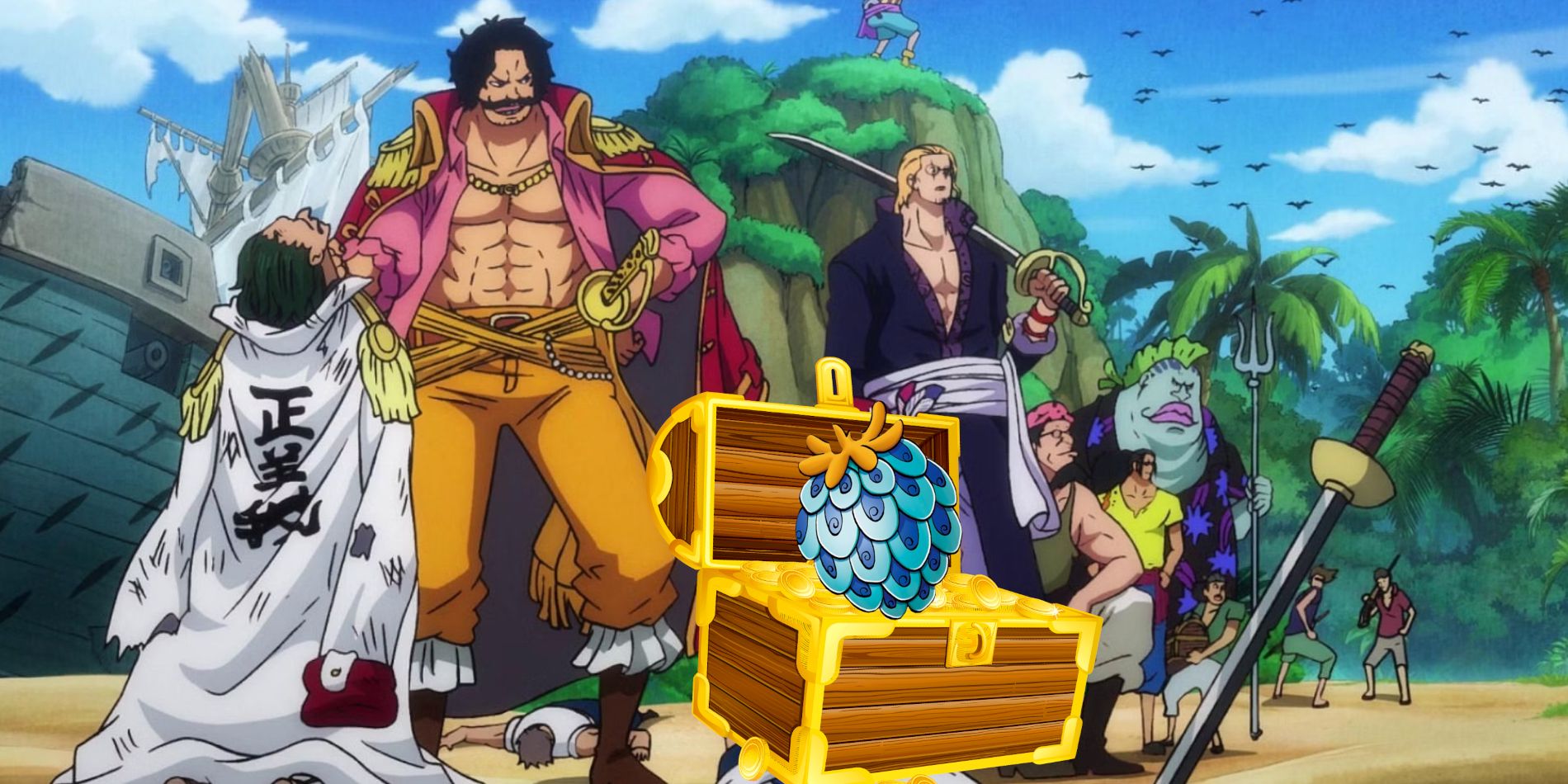 Screenshot from One Piece anime show Gol D. Roger holding an injured high-ranking Marine by his jacket while he and his crew stand on a sandy island with a treasure chest containing a devil fruit next to them.
