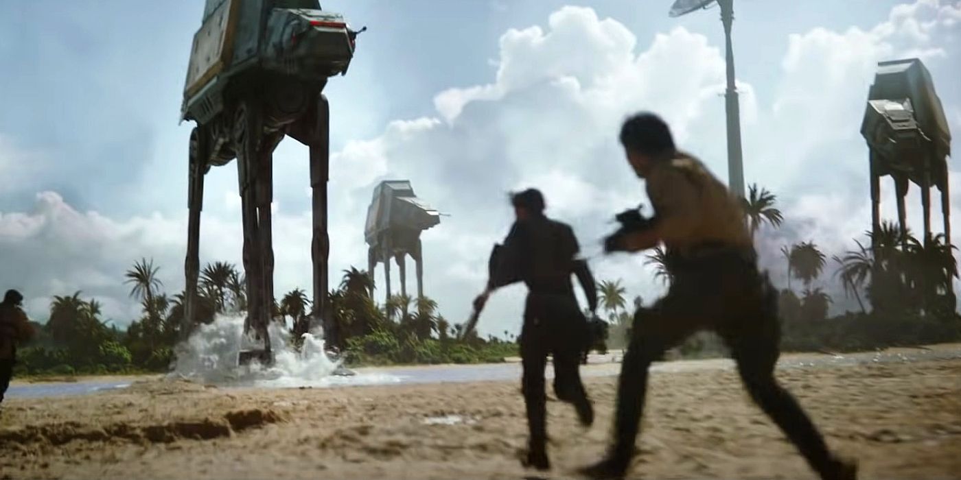 The AT-ACTs on the beach of Scarif in Rogue One's teaser trailer