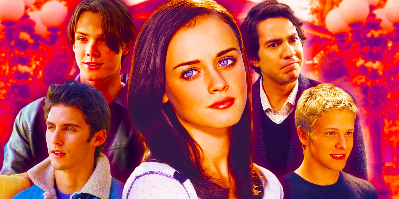 Alexis Blendel as Rory Gilmore in front of all her former boyfriends (Jess, Dean, Paul, and Logan from Gilmore Girls
