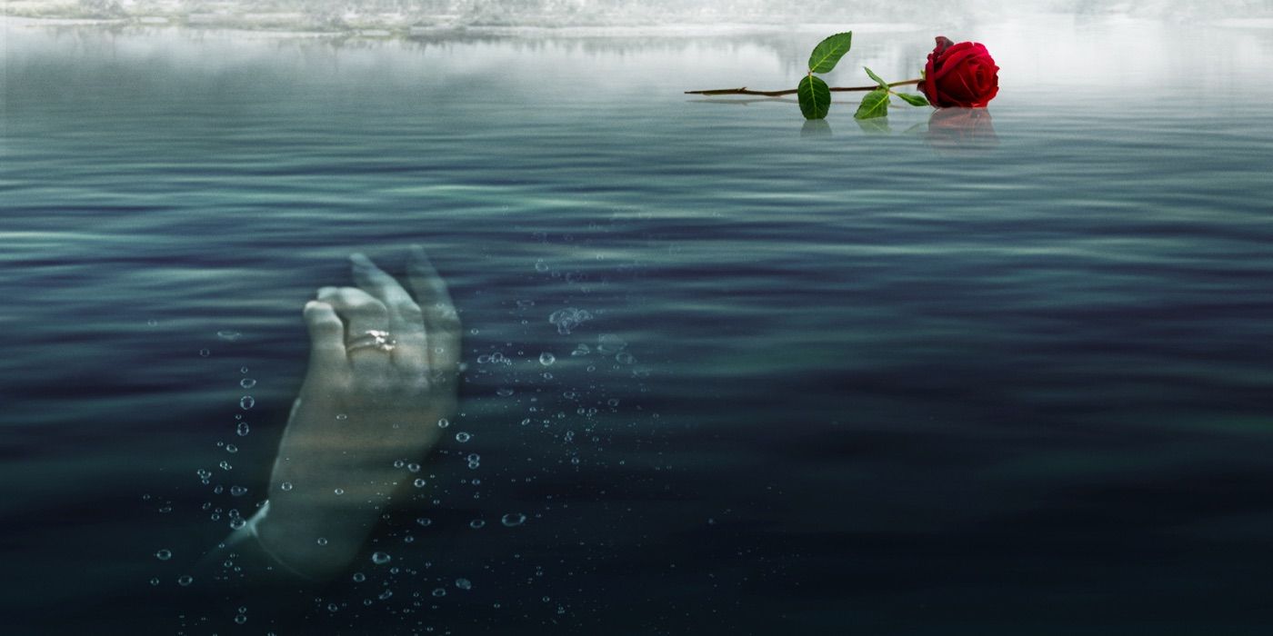 A hand sinks into a lake from A Rose for Her Grave