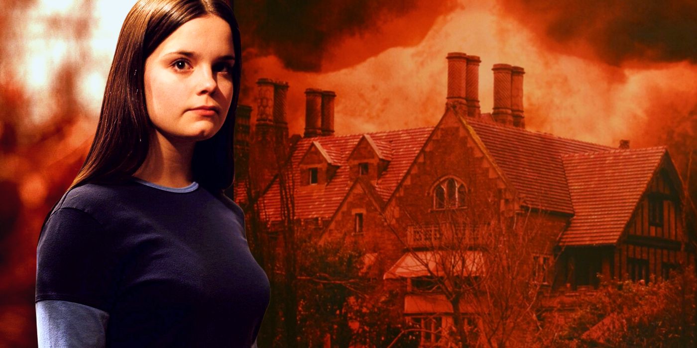 This collage shows Annie standing in front of the Rose Red mansion.
