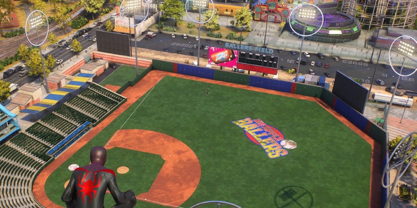 Miles Morales looking down at the Big Apple Ballers' stadium in Marvel's Spider-Man 2.