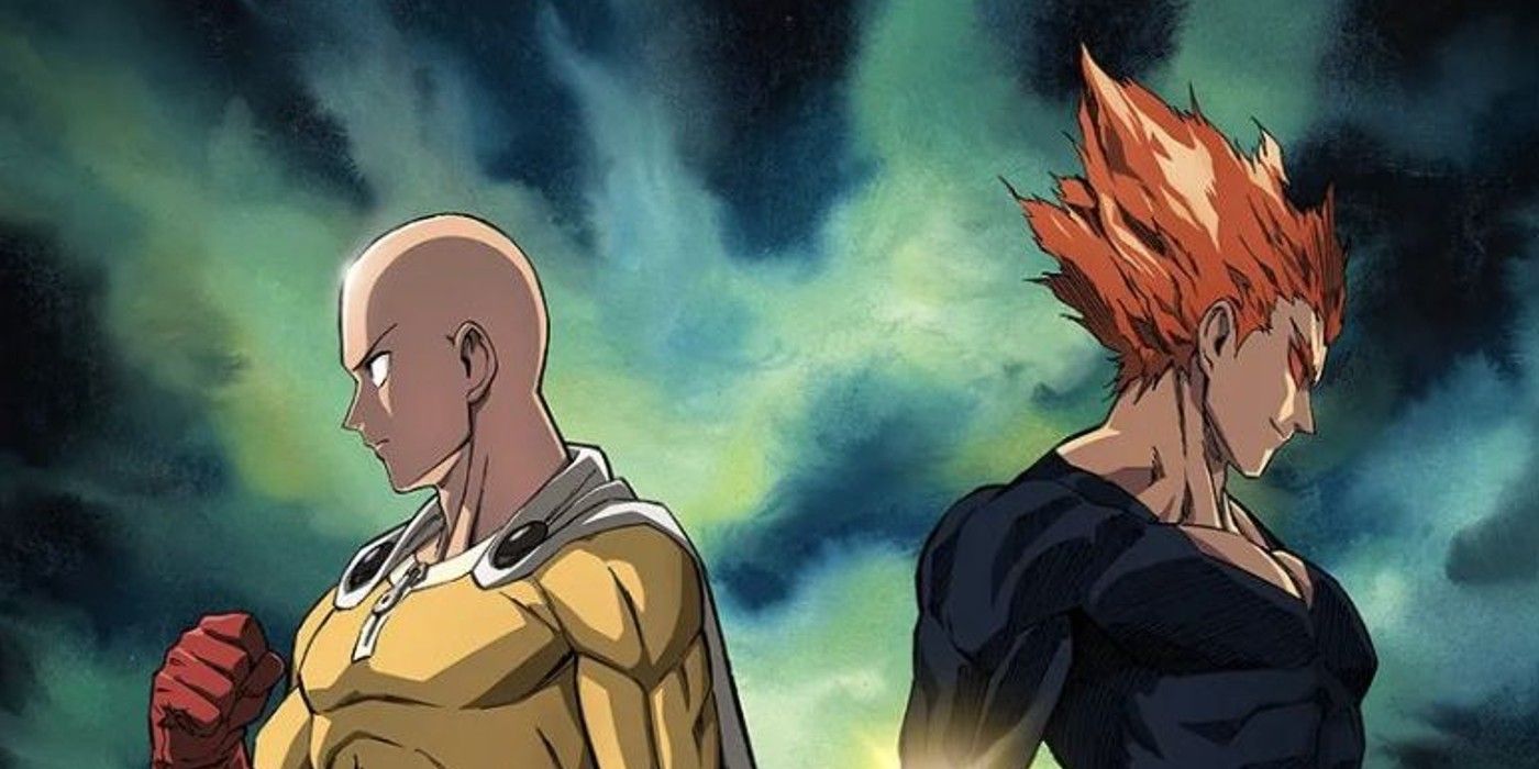 Saitama and Garou in One Punch Man with their backs facing one another against a green background.