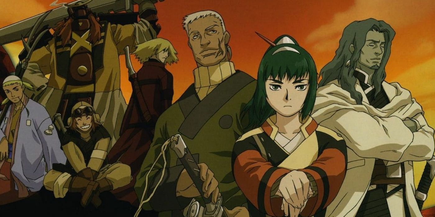 Personagens principais do Samurai 7 Anime juntos ao amanhecer.