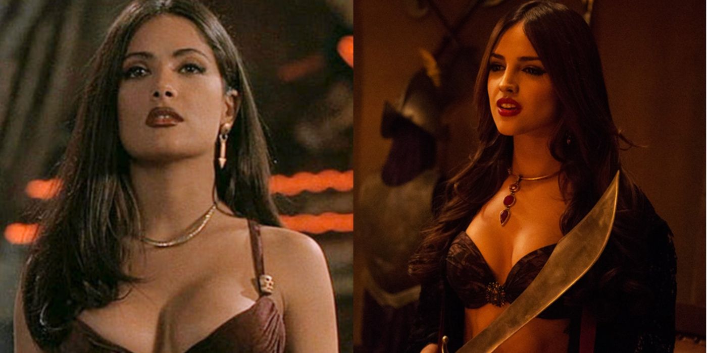 A side by side image of Salma Hayak and Eiza Gonzalez who both played Santanico Pandemonium in From Dusk Till Dawn the movie and series