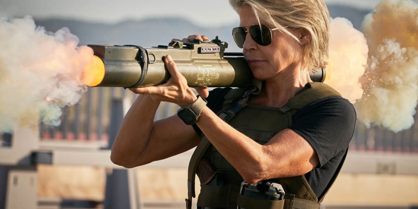 Sarah Connor with a bazooka in Terminator.