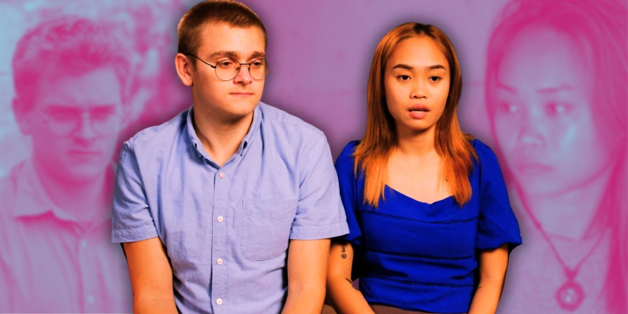 Brandan and Mary from 90 day fiance sitting together and talking in front of pink background