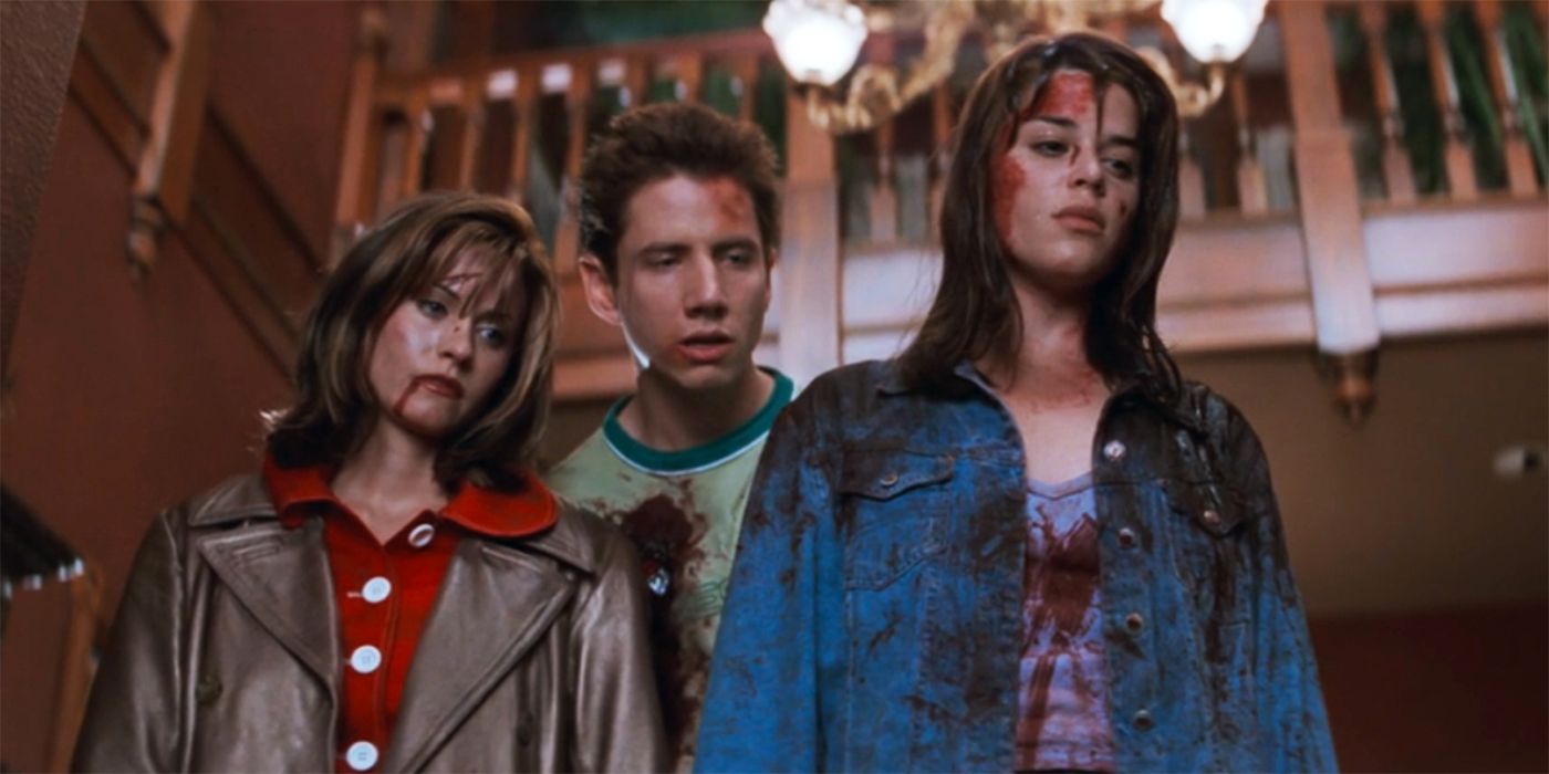 Gale, Randy, and Sidney covered in dried blood, looking annoyed in Scream (1996)
