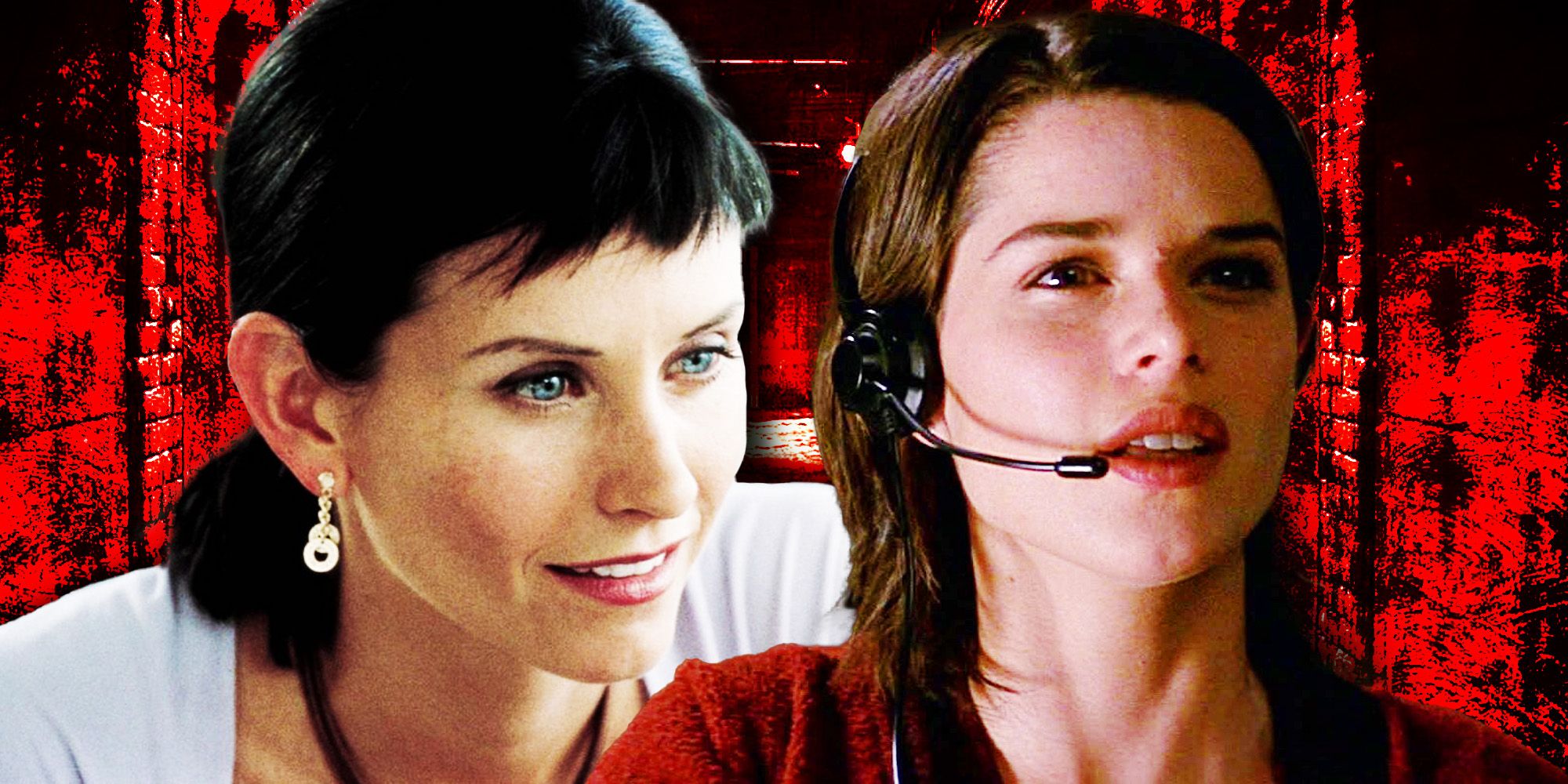 Courteney Cox as Gale Weathers and Neve Campbell as Sidney Prescott in Scream 3.